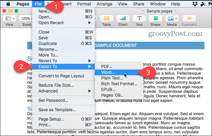 Arquivo> Exportar para> Word em páginas no Mac