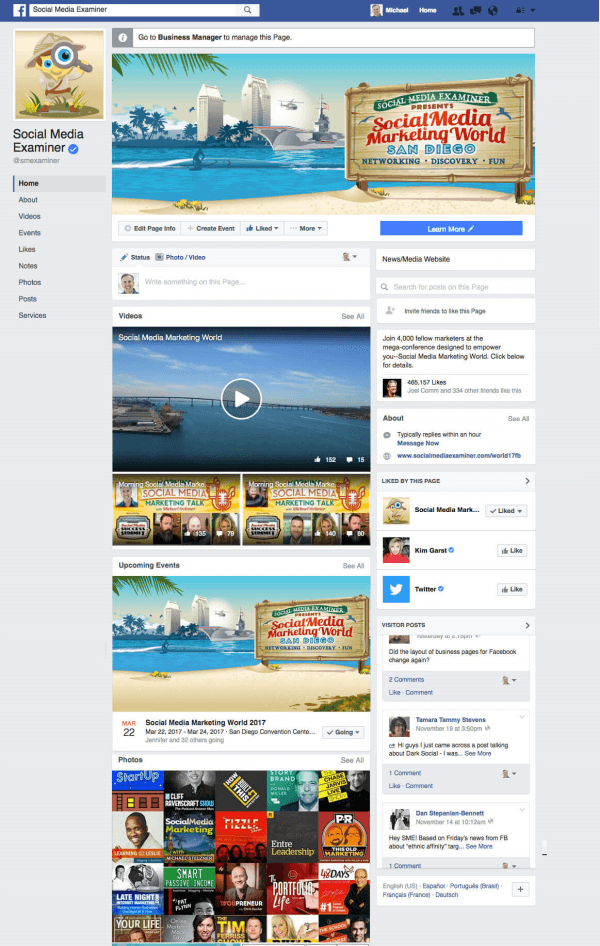 O Social Media Examiner observou o lançamento de um novo layout de página do Facebook para usuários de desktop.