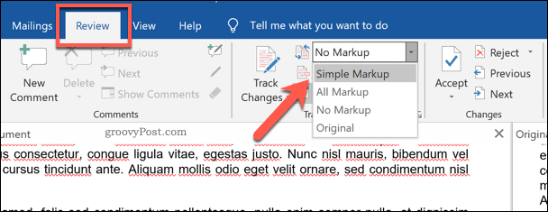 Alternando a visualização do documento na visão geral de comparação de documentos do Word