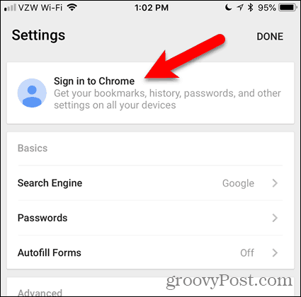 Toque em Fazer login no Chrome no iOS