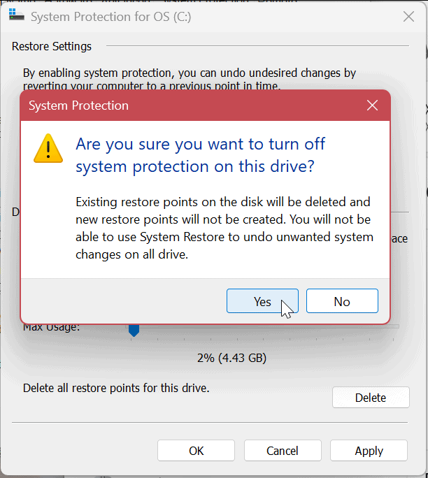 Proteção do sistema para unidades no Windows 11