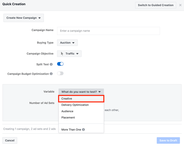 Técnicas de anúncios do Facebook que fornecem resultados, configuração de criativos de teste dividido para campanha de anúncios do Facebook