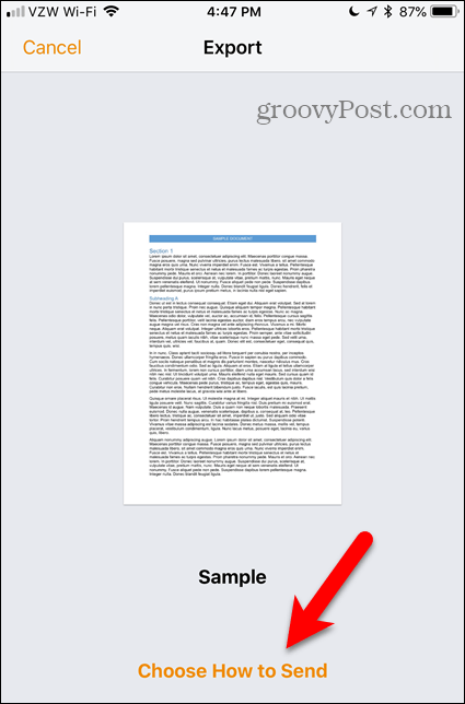 Escolha o link Como enviar no Pages for iOS