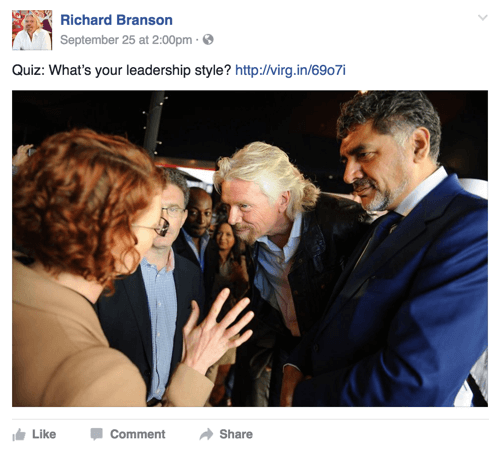 post de richard branson no facebook com quiz