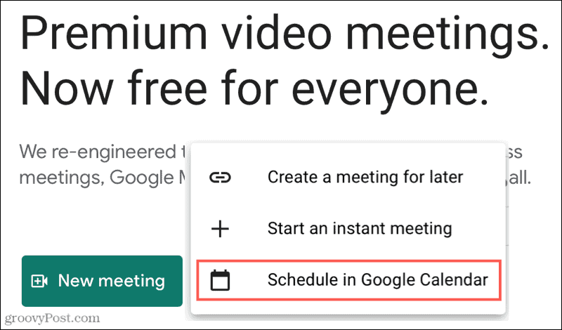 Nova reunião, programação no Google Agenda