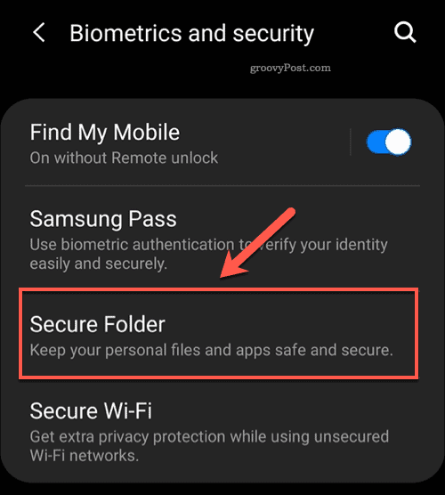 Opção de menu Android Secure Folder