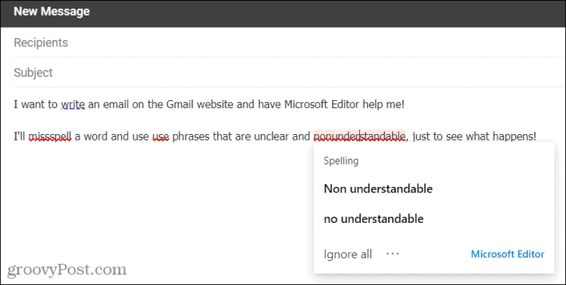 Editor da Microsoft no Gmail usando a extensão Edge