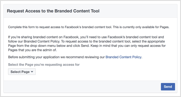 Ferramenta de conteúdo de marca do Facebook solicitar acesso
