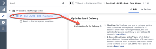 Otimização do Facebook ThruPlay para edição da campanha de visualizações de 10 segundos, etapa 3.