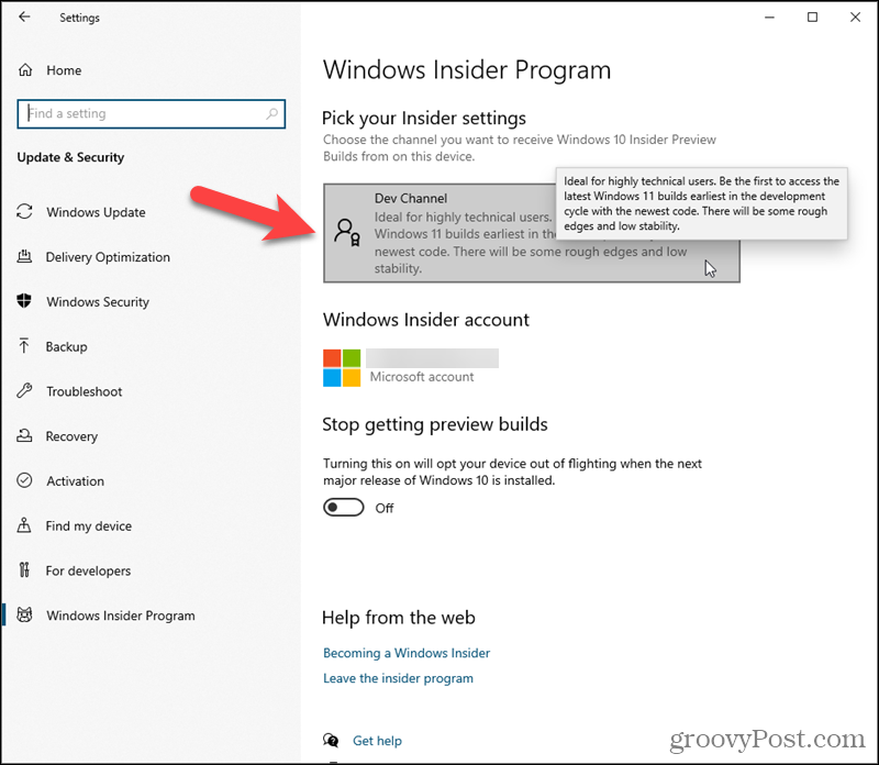 Clique em Dev Channel em Pick your Insider settings no Windows 10