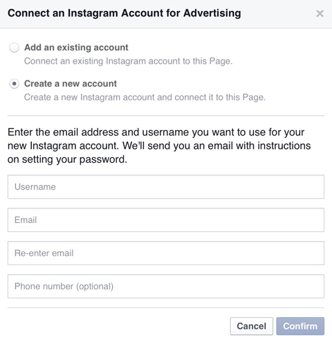 crie uma nova conta do instagram no facebook