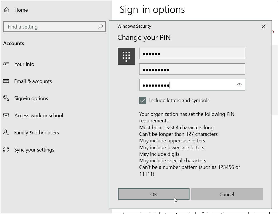 Requisitos de PIN de caractere especial Windows 10
