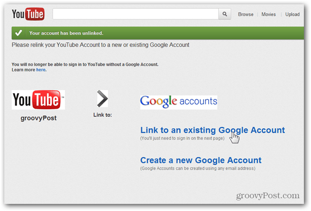 Vincular uma conta do YouTube a uma nova conta do Google - clique em Vincular à conta existente