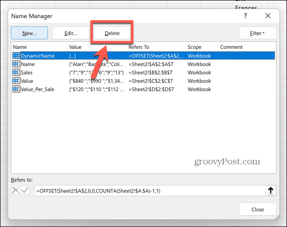 excel deletar nome