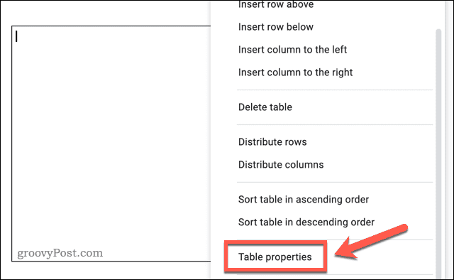 Acessando o menu de opções da tabela no Google Docs