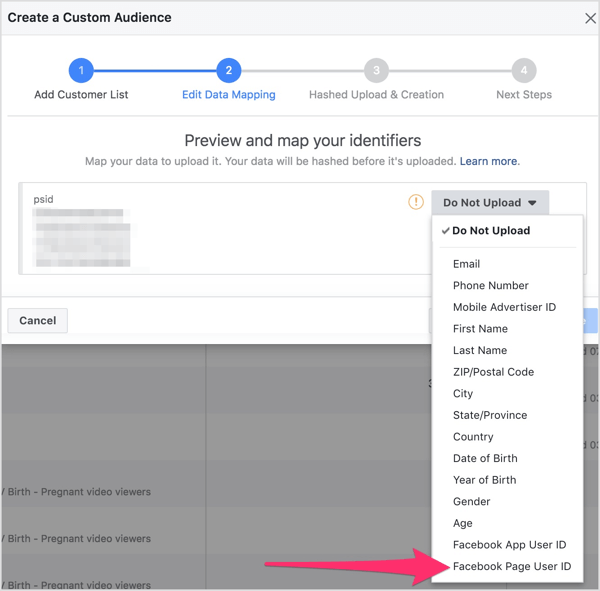 No menu suspenso, selecione ID de usuário da página do Facebook.