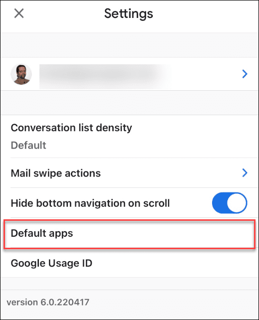 Configurações de aplicativos padrão Gmail