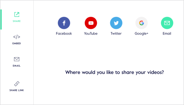 Compartilhe seu vídeo nas redes sociais, gere um link compartilhável, envie-o por e-mail ou incorpore-o ao seu site.