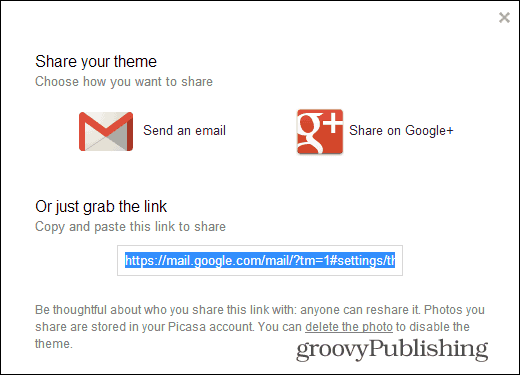 Os Temas personalizados do Gmail compartilham o link do seu tema