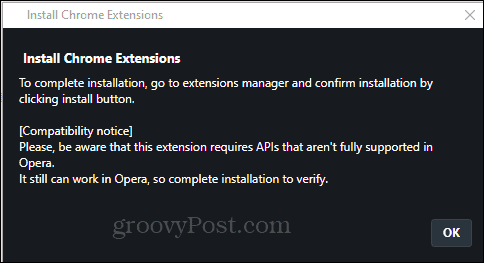 Opera instalar a extensão do Chrome para confirmar