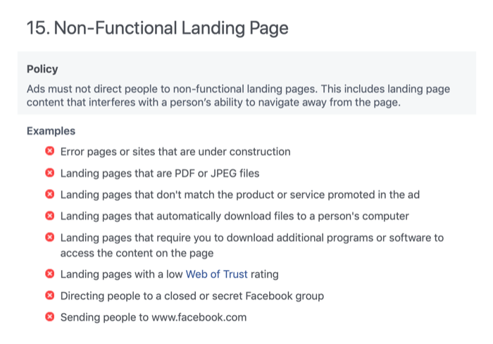 Seção da página de destino não funcional das políticas de publicidade do Facebook