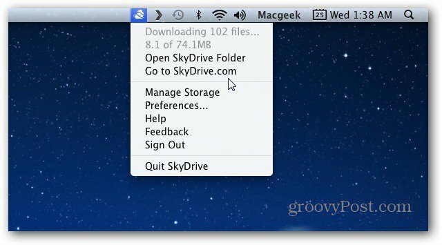 Barra de menus do Mac SkyDrive Icon