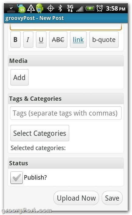 Wordpress no Android mais configurações de postagem