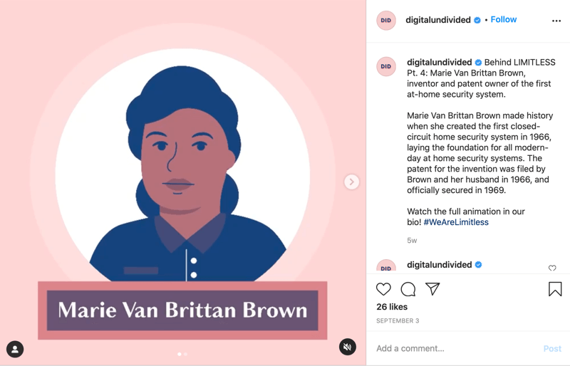 exemplo de um trecho de postagem mp4 compartilhado no instagram destacando marie van brittan brown como pt. 4 na série #wearelimitless