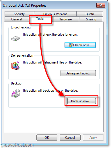 Backup do Windows 7 - guia Ferramentas nas propriedades e botão Fazer backup agora
