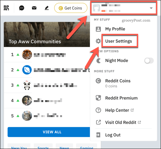 O menu suspenso da conta do Reddit