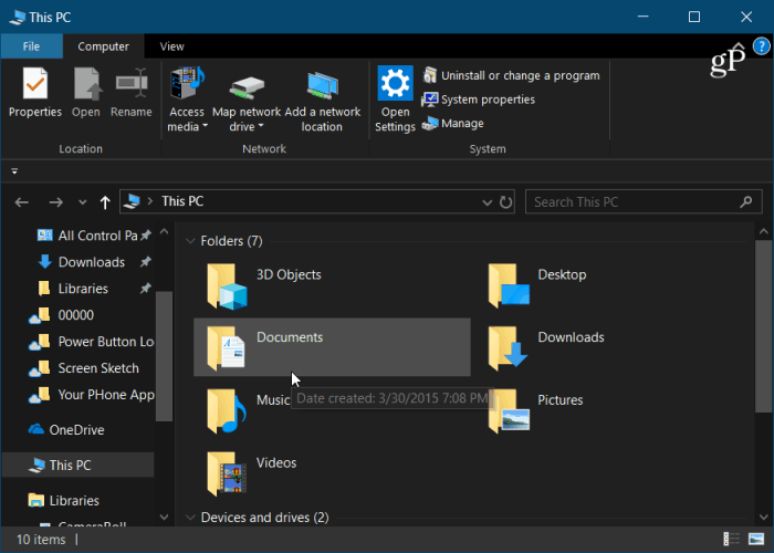 Modo escuro do Windows 10 File Explorer