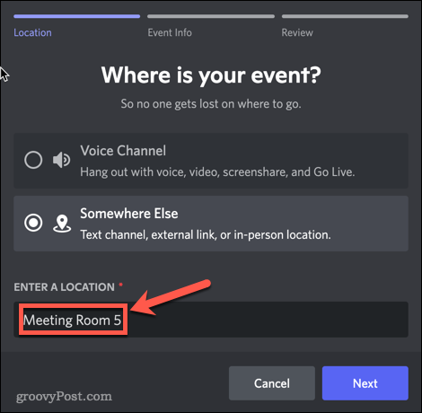 Escolhendo um local para um evento do Discord