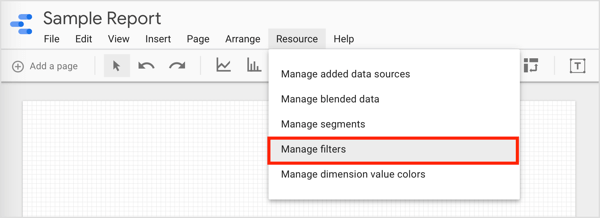 Para filtrar dados e criar grupos que você pode usar, clique em Recurso na barra de menu e selecione Gerenciar Filtros no menu suspenso.