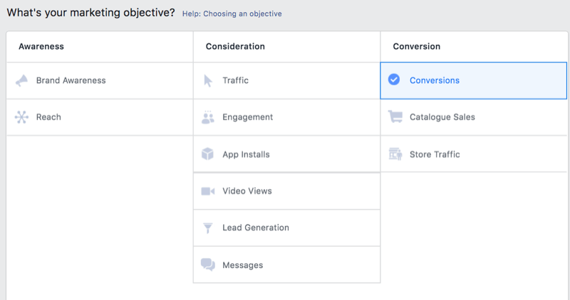 opção no gerenciador de anúncios do Facebook para selecionar conversões como um objetivo de marketing