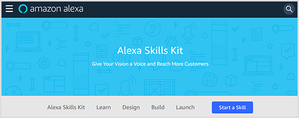 A página da Web do Amazon Alexa Skills Kit apresenta a ferramenta e inclui guias onde você pode aprender, projetar, construir e lançar uma habilidade para Alexa. 