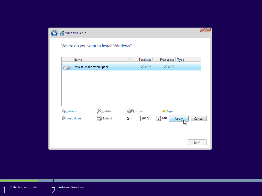 08 Usar espaço máximo disponível Instalação limpa do Windows 10