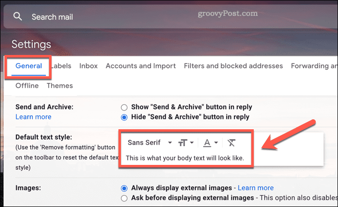 Alterar as configurações de estilo de fonte padrão no Gmail