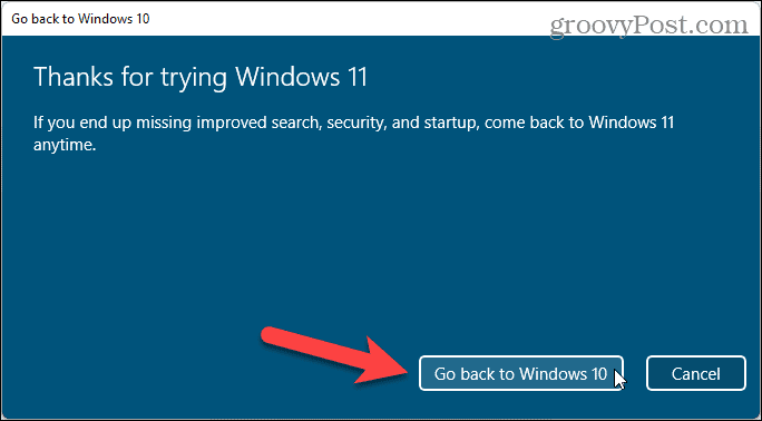 Clique em Voltar para o Windows 10
