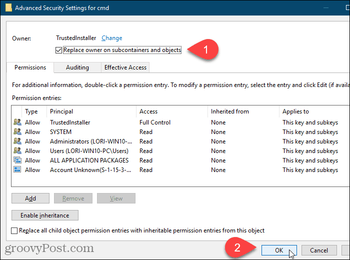 Marque a caixa Substituir proprietário em subcontêineres e objetos na caixa de diálogo Configurações de segurança avançadas no Editor do Registro do Windows