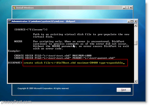 Windows 7 Native VHD Instalar inicialização dupla Crie VHD a partir do prompt do CMD