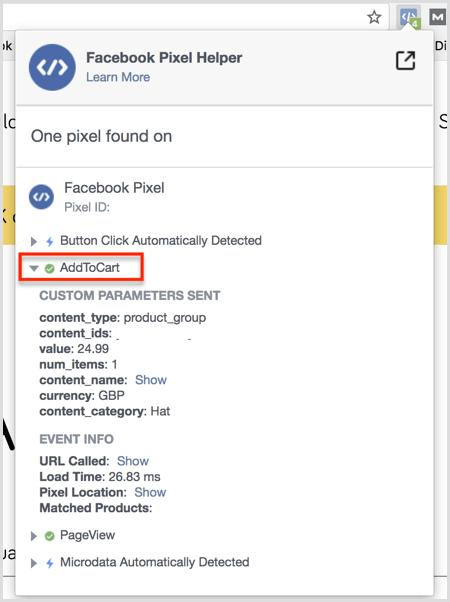 Resultados do plugin do Facebook Pixel Helper na página Adicionar ao carrinho