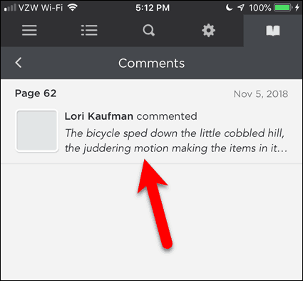 Toque em um comentário no BookFusion para iOS