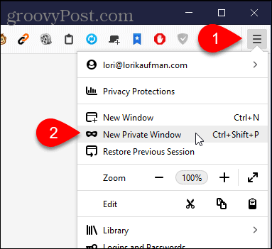 Selecione Nova janela privada no Firefox para Windows