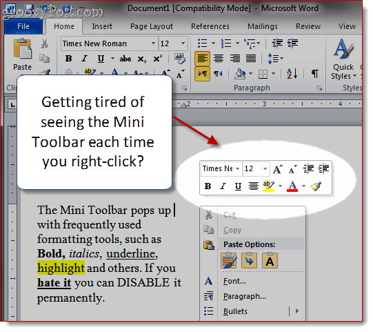 Remova a Mini-barra de ferramentas no Word 2007 e Word 2010