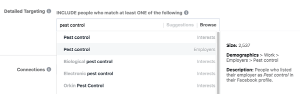Exemplo de segmentação padrão do Facebook para o controle de pragas de interesse, resultando em um público muito pequeno, de 2.500.