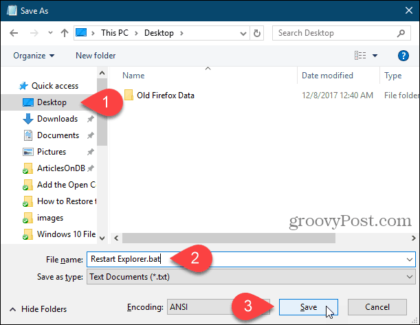 Salvar um arquivo em lotes na área de trabalho no Bloco de notas no Windows 10