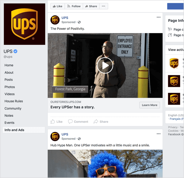 Se você olhar os anúncios da UPS no Facebook, fica claro que eles estão usando a narrativa e o apelo emocional para construir o conhecimento da marca.