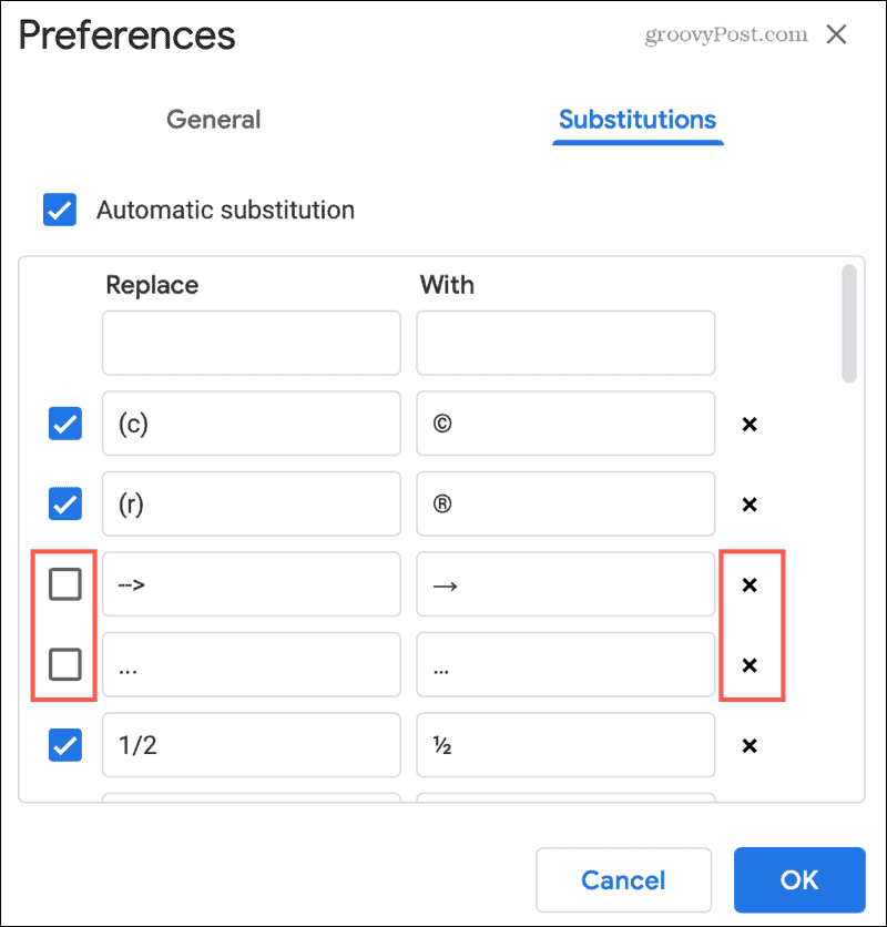 Desativar ou remover uma substituição