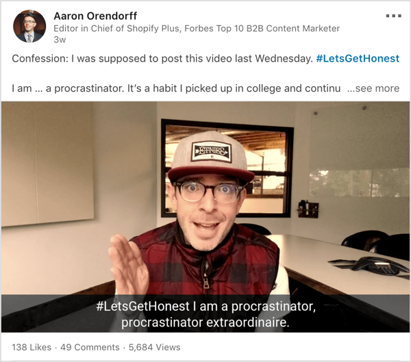 Vídeo do LinkedIn baseado na hashtag #letsgethonest.