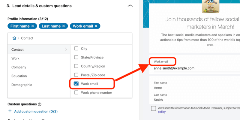 captura de tela do campo Email de trabalho selecionado para o formulário de geração de leads na configuração de anúncios do LinkedIn